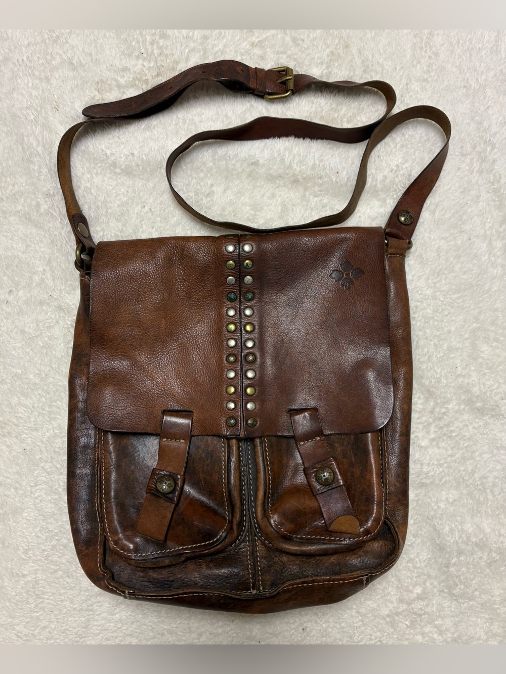 Women’s Patricia Nash Brown Leather Cross Body Satchel Purse Bag Snap 11x11